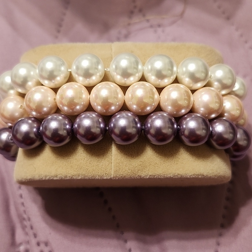 Elegant Fashion 3pc. Pearl Bracelet Set - Purple, White, Pink